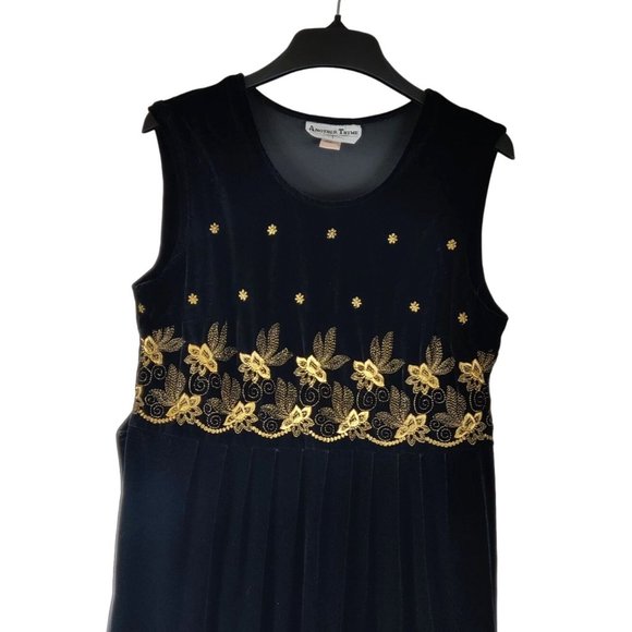 Another Thyme Dresses & Skirts - VTG Black Velvet Formal Evening Dress Coattail Party Gold Trim Sleeveless 1990s